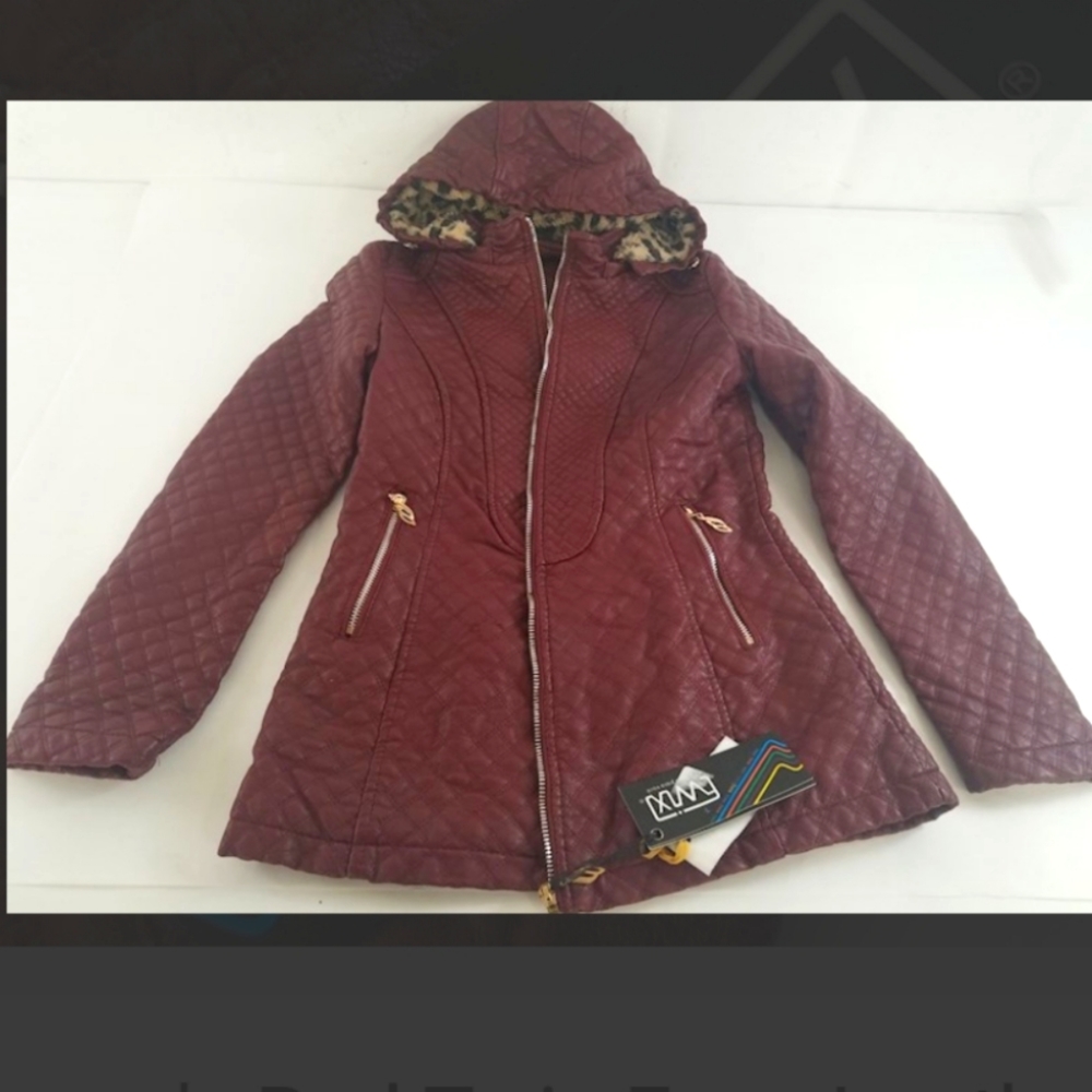 Burgundy ponto sul Twix Faux Leather hooded Jacket coat leopard fur inner Small - Picture 1 of 7